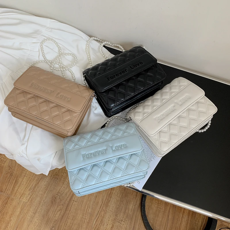 

Thread Square Flap Shoulder Bags For Women 2021 Soft PU Leather Small Pearl Crossbody Bags Female Branded Designer Handbag