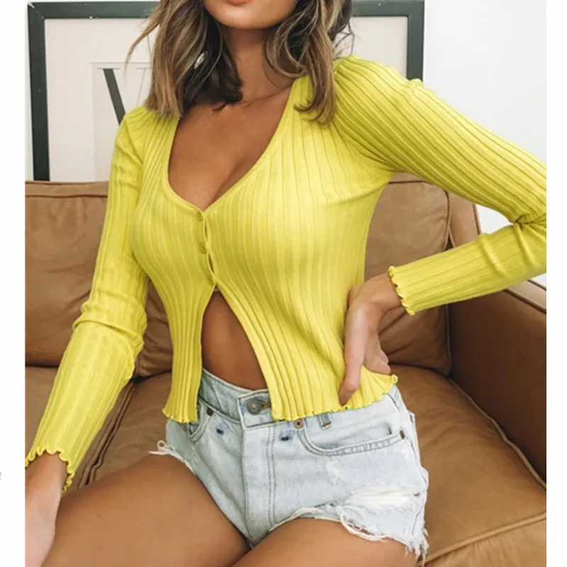 Женский трикотажный кардиган с V образным вырезом и пуговицами спереди|Футболки|