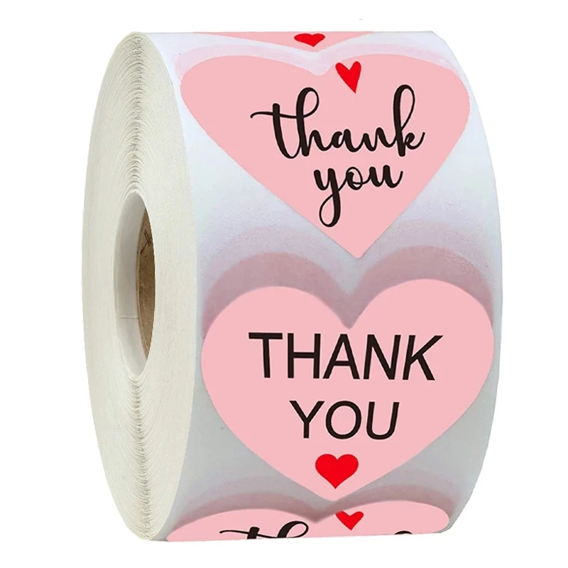 

500pcs/roll Pink Heart ShapeThank You Sticker 2 design For Wedding Decoration Party Stationery Envelope Round Seal label Sticker