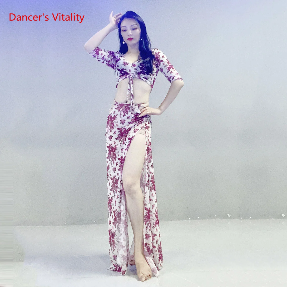Belly dance suit Fashion  print flowers belly dacning suit top and split skirt 2pcs Oriental Dance set Exotic dance wear