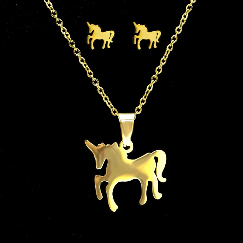 Золотой цвет fengnee Stainless Steel unicorn Necklace Women Jewelry Sets Bijoux Animal Licorne Necklaces Pendants Cute Earrings Kids Gifts - Окраска металла: Золотой цвет