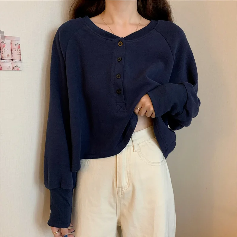 

No Hat Hoodies Women Elegant Button Soft All-match Short Style Korean Chic Classic Solid Comfortable Students Loose Casual New