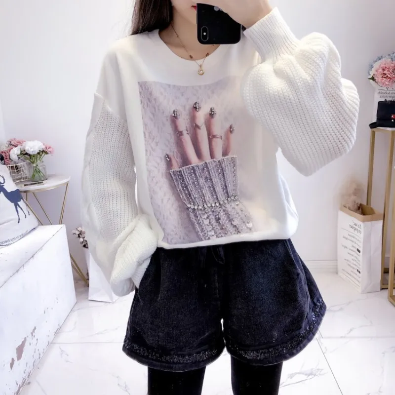 Женские расклешенные пуловеры с блестками и принтом в Корейском стиле осенние