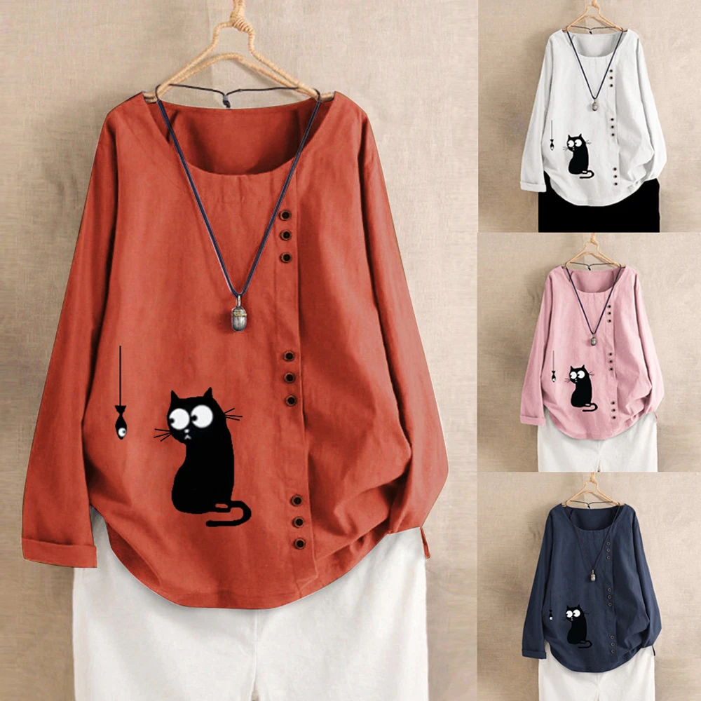 

Повседневная рубашка с длинным рукавом, Топ для женщин, с принтом кота, с круглым вырезом, на пуговицах, свободная футболка, графическая футб...