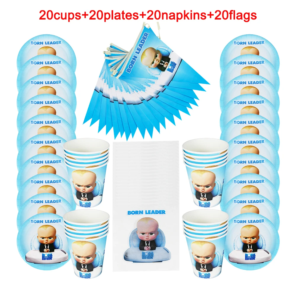 

80pcs Baby Boss Theme Disposable Tableware kids Birthday Party Paper Cups +Plates+Napkins+Flags Set Little Leader Party Supplies