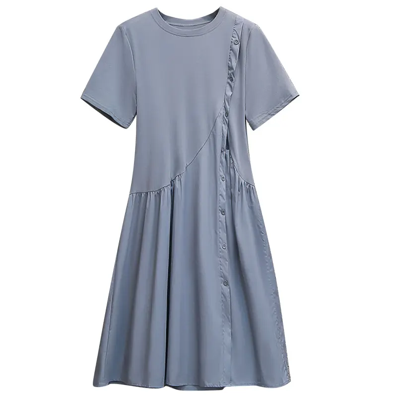 

EHQAXIN Women's Elegant Splicing Dresses Summer 2021 Fashion Round Neck Short Sleeve Button Mid-Length Loose Casual Dress M-4XL