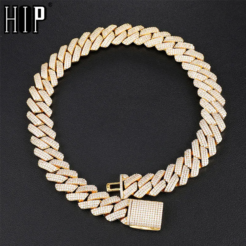 

Hip Hop 19MM 3 Row Heavy Cuban Prong Chain Bling Iced Out Box Buckle Copper Setting AAA+ CZ Gold Chain For Men Jewelry