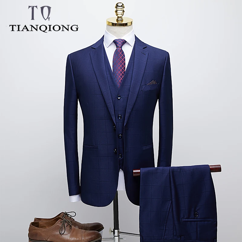 TIAN QIONG синий клетчатый костюм для мужчин люксовый бренд облегающие мужские