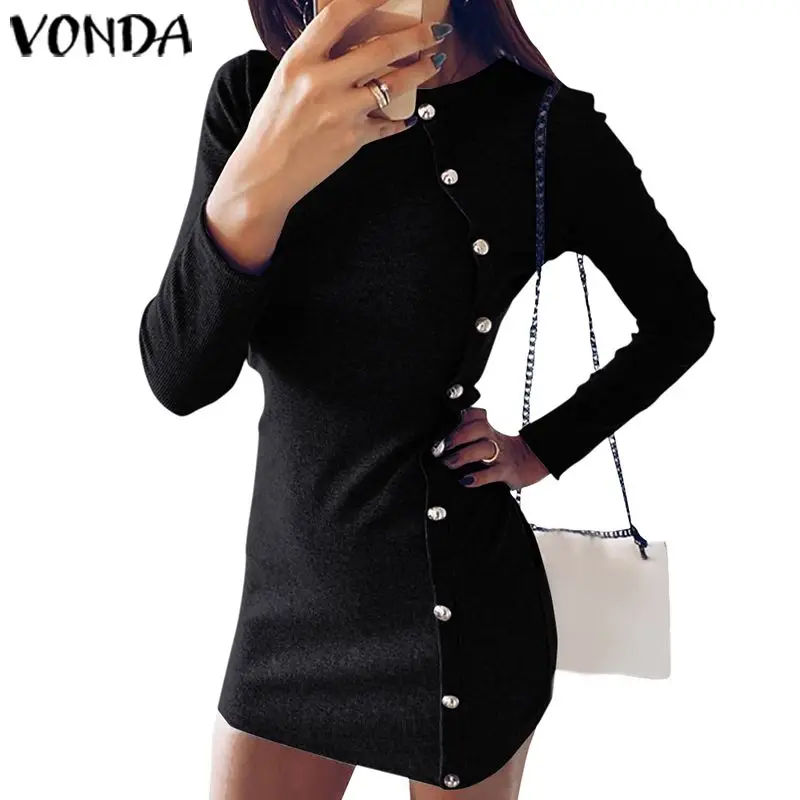 Black Мини платье для женщин пляжное VONDA Повседневное платье-рубашка офисное сексуальное облегающее осеннее платье с длинным рукавом модное винтажное вечернее платье - Цвет: Black