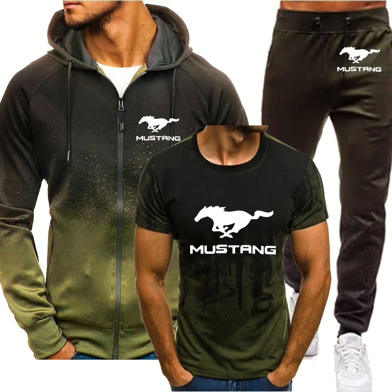 

Spring Autumn Men's suits Mustang Car Logo Print Casual high quality Cotton Men's Gradient jacket+short sleeve+pants 3-piece set