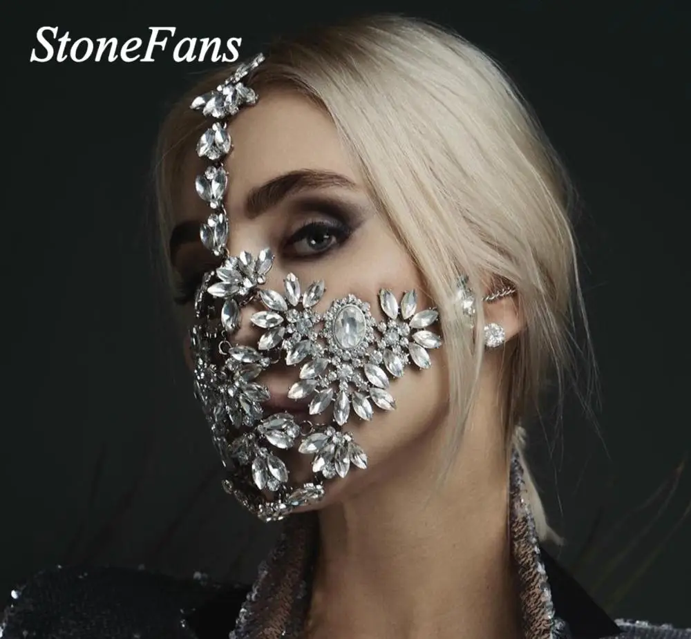 

Stonefans Exaggerated Halloween Crystal Mask Cover Jewelry for Women Handmade Bling Bling Rhinestone Mask Decoration Jewellery