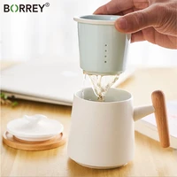 borrey porcelain tea cup ceramic office tea mug with tea infuser filte ceramic mug with wooden handle mat coaster ceramic teapot