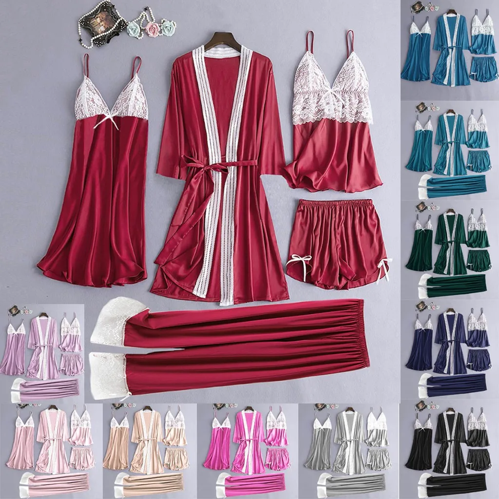 Женский атласный домашний костюм 5 шт. кружевная кофта брюки шорты ночная рубашка
