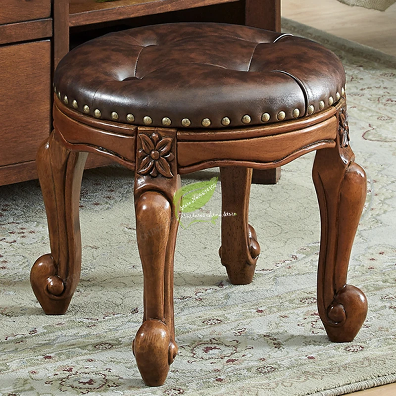 38%American Retro Solid Small Round Stool Cowhide Sofa Strong Bearing Capacity Household Tea Table Low Chair |
