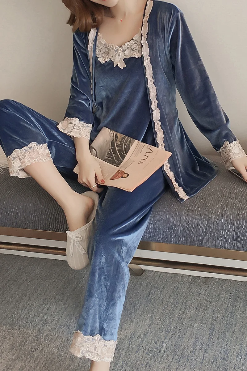 

ITOOLIN Three Piece Set Loungewear Women Tenue Sexy Long Sleeve Blouse & Lace Camis & Pants Plus Size Golden Velvet Outfits Suit