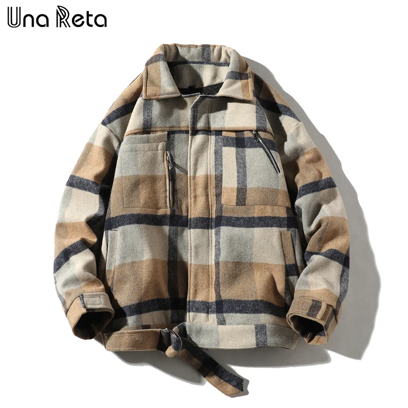 Una Reta, зимнее пальто для мужчин, повседневное, новое, шерстяное, клетчатое пальто, куртки для мужчин, хип-хоп, Мужская винтажная верхняя одежда, шерстяное пальто, уличная одежда, мужское пальто