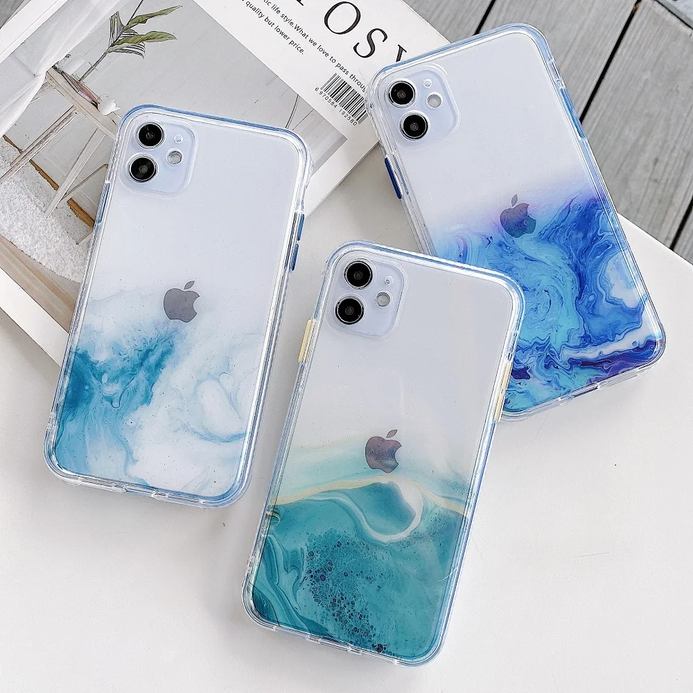 

Gradient Marble Phone Case For iPhone 12 11 Pro Max XS Max XR X 7 8 Plus SE2 Transparent Watercolor Bumper Shockproof Back Cover