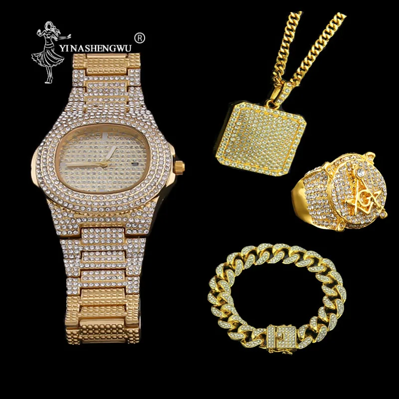 Роскошные золотые часы в стиле хип-хоп мужские ожерелье и браслет комплект из