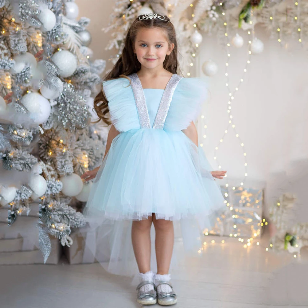 

Light Blue Baby Girl Party Dress for Birthday Sequin Tulle Hi-Lo A Line Christmas Gown Cute Tutu Flower Girl Dresses