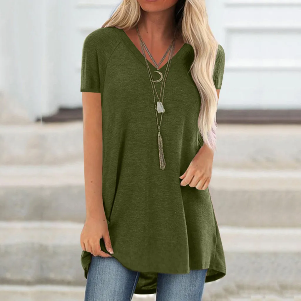 Блузка женская однотонная с V образным вырезом и коротким рукавом|Рубашки| |