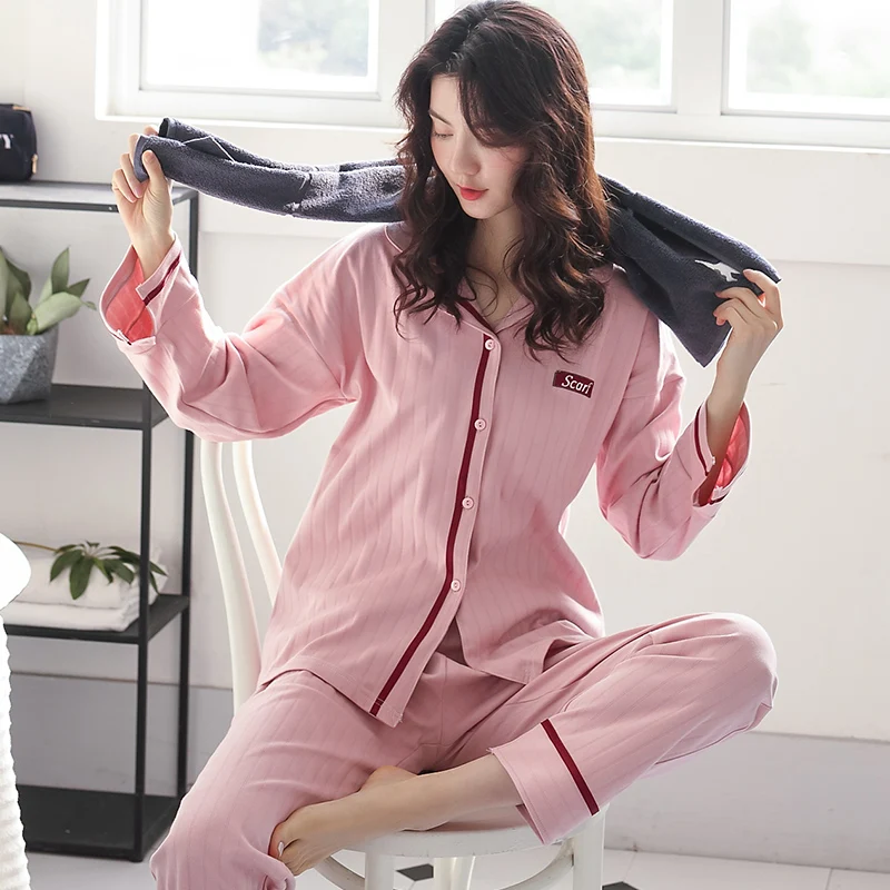 100% Cotton Pajama for Women Autumn Winter PJ Long Sleeves Pijama Button-Down Pure Pink Sleepwear Set Ladies Pyjama Femme | Женская