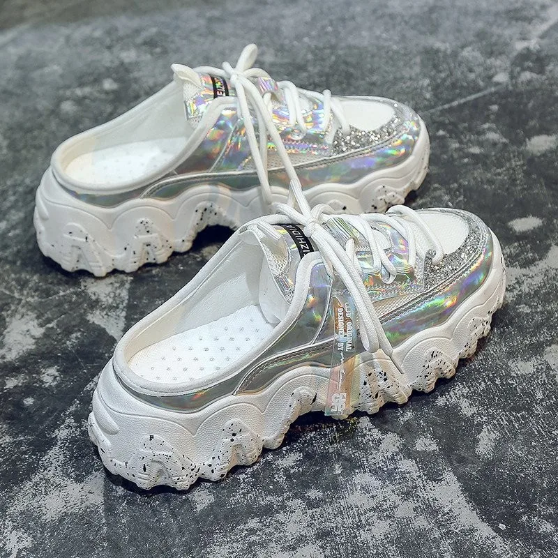 

Slippers Women 2020 New Design Ultra Light Chunky Heel Lace-up Comfortable Sneakers Summer Silver Red Dot Slip-on Ladies Shoes