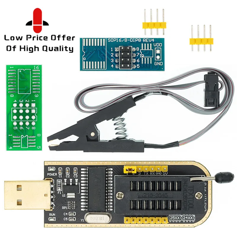 Программатор для EEPROM 93CXX / 25CXX/24CXX модуль USB I21 CH341A 24 25 + зажим SOIC8 SOP8 | Электронные