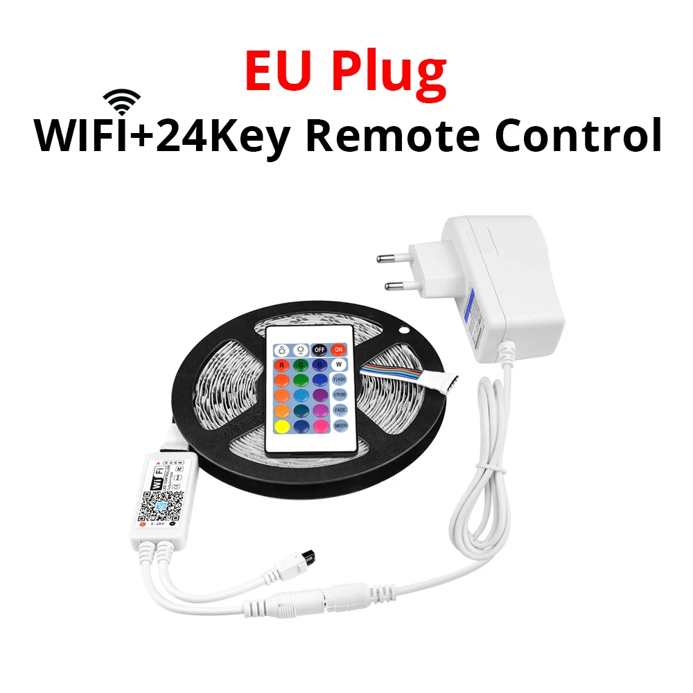 WIFI 24key EU Plug 12 В RGB RGBW rgbww Wifi Светодиодная лента 5050 60 Светодиодный s/M Гибкая лампа лента с адаптером 12 В Комплект для домашнего освещения - Испускаемый цвет: WIFI 24key EU Plug