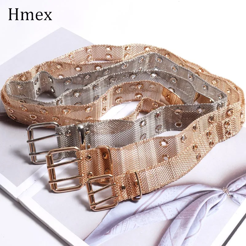 Модный золотой женский поясной ремень панк Полный металлический двойной штифт