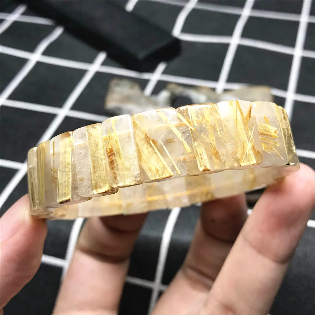 

14mm Natural Gold Rutilated Quartz Bracelet For Women Lady Men Beads Brazil Wealth Luck Gift Stone Stretch Bangle Jewelry AAAAA