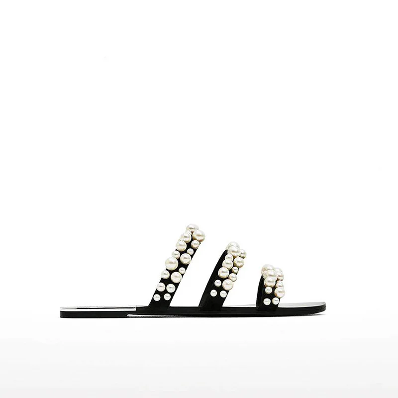 

2020 brand women slippers fashion flat heel black open toe pearl flat slippers female slides outdoor flip-flops beach shoes