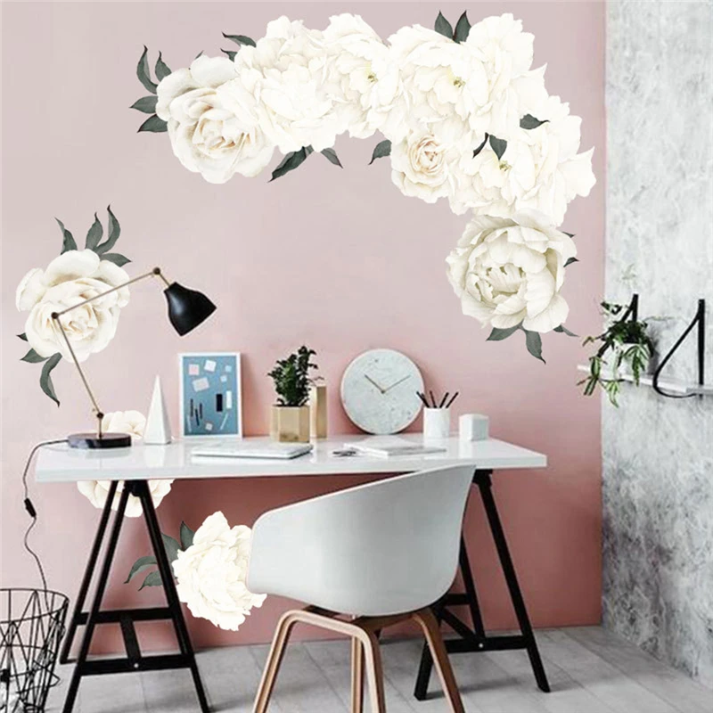 

Large White Peony Flowers Wall Stickers Home Office Decor Living Room 3D Art Teenager Bedroom Wall Decor Decals Mural Removable