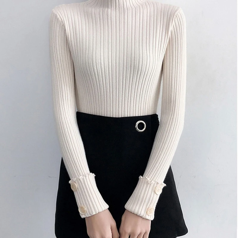 Модные облегающие теплые свитера с высоким воротом осенне-зимний женский свитер