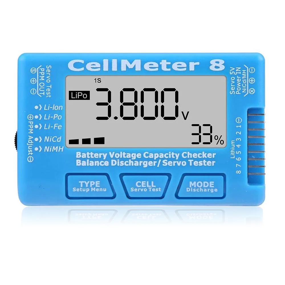

CellMeter 8 LCD Backlight 1-8S Battery Voltage Capacity Checker Balance Discharger Servo Tester for LiPo Life Li-ion NiMH Nicd