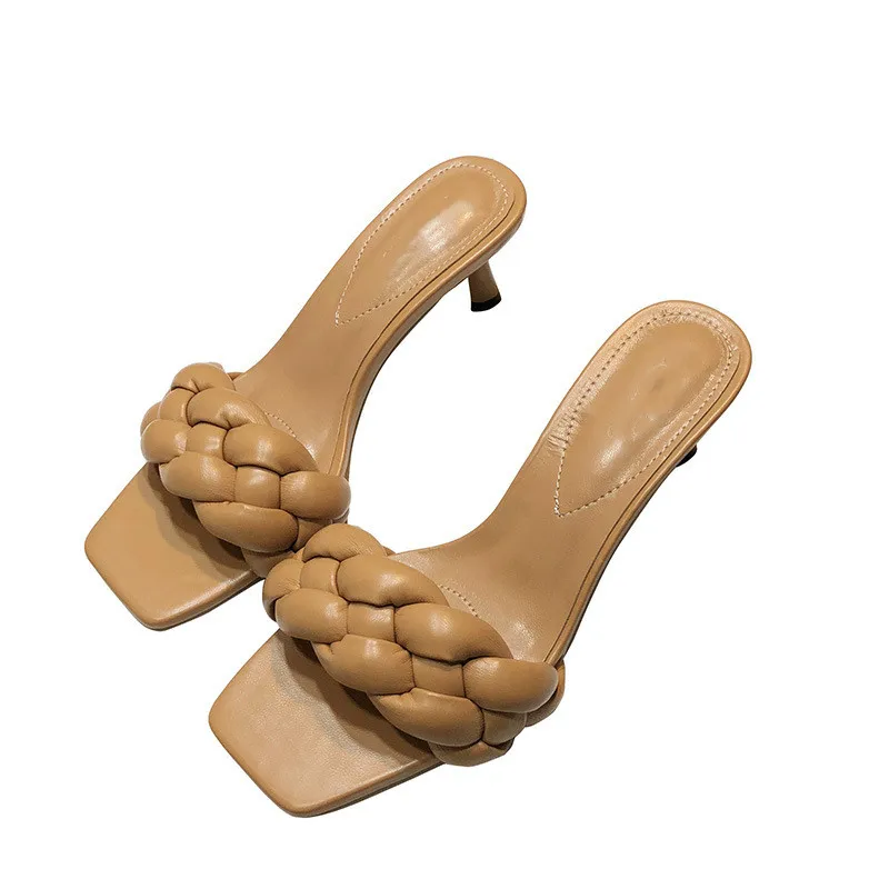 

Women's Slippers Heels Designer Brand Slides Women Sexy High Heels Sandals 2021 Summer Shoes Stripper Weave Square Toe Shoes