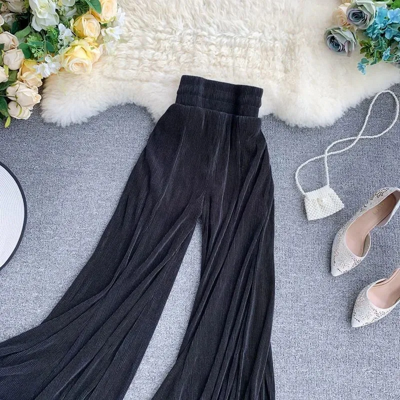 

Summer Loose Pleated Flare Elastic Waist Pants Vintage Ruffles High Waist Solid Trousers Soft Casual Street Pleasted Trousers