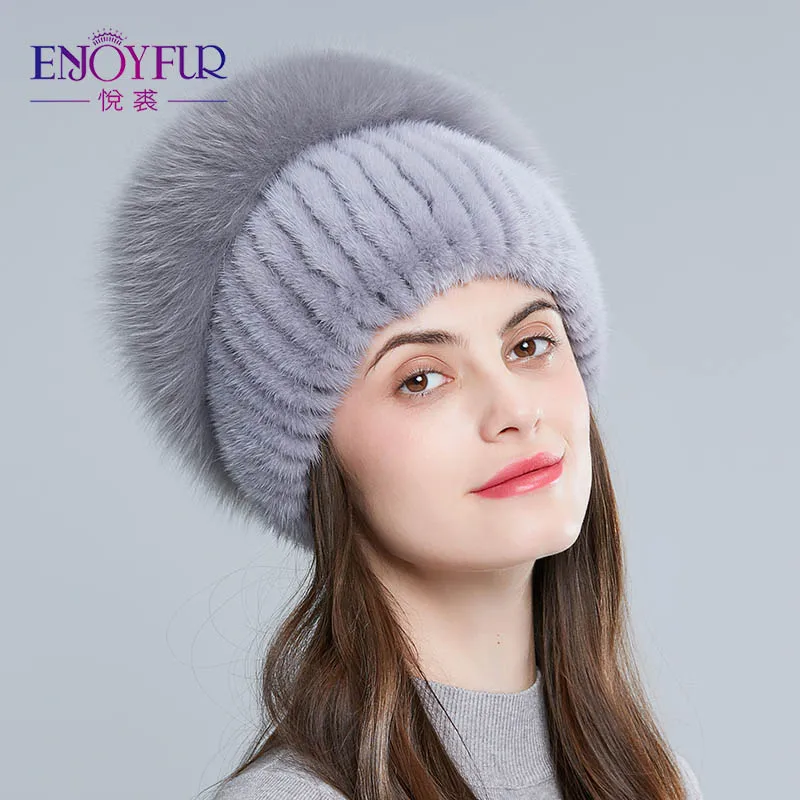 Enjoyfur норки Мех Шапки для Для женщин Натуральный мех зимние Стразы высокое