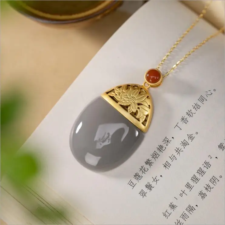 

Natural Hetian Purple Jade Oval Lotus Pattern Pendant Necklace Chinese Style Retro Elegant Light Luxury Noble Silver Jewelry