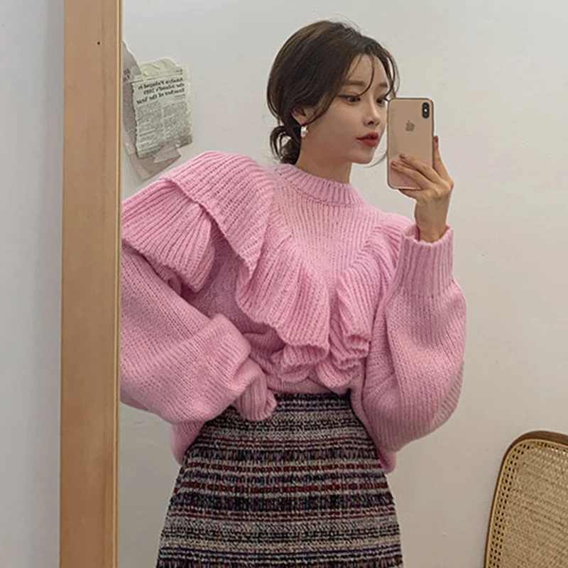 YAMDI korean runway sweater female autumn winter 2020 o neck solid chic fashion loose pollover thick knitted jumper women ruffle | Женская