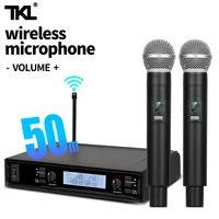 tkl wireless microphone system 2 channel uhf wireless microphone auto scan with dual handheld mic range 164ft for church karaoke