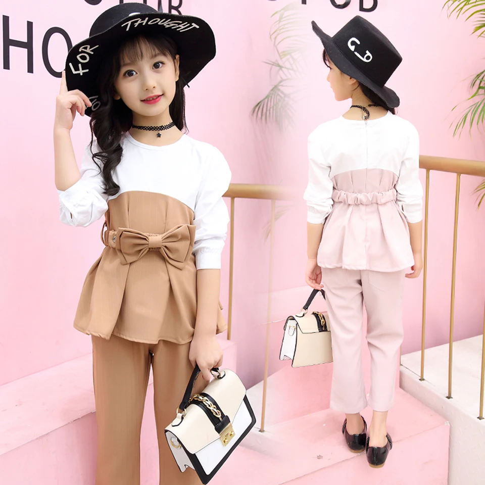 Комплекты одежды для девочек футболка с бантом + мягкие шифоновые штаны детская