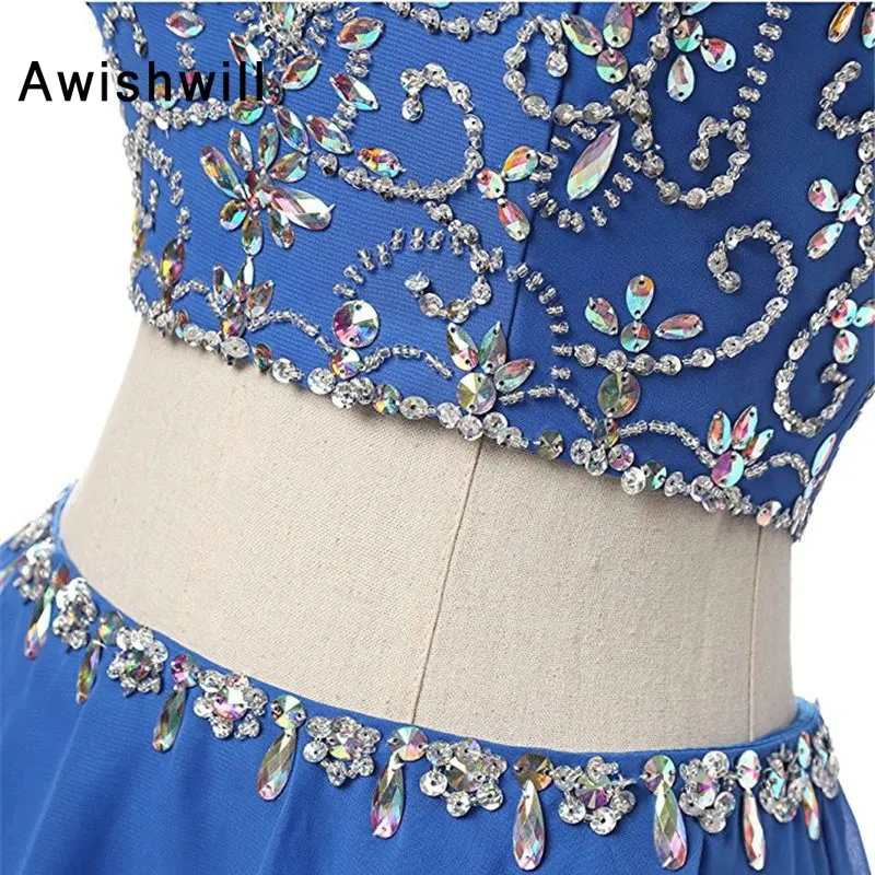 Модные синие шифоновые платья для Бала выпускников из двух частей майка обшитая