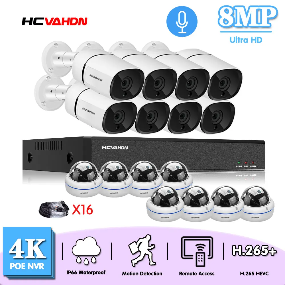 

16CH 4K NVR 8MP POE CCTV Security System Audio WaterProof Outdoor Ip Bullet Dome Camera Video Surveillance Set AI Face Record