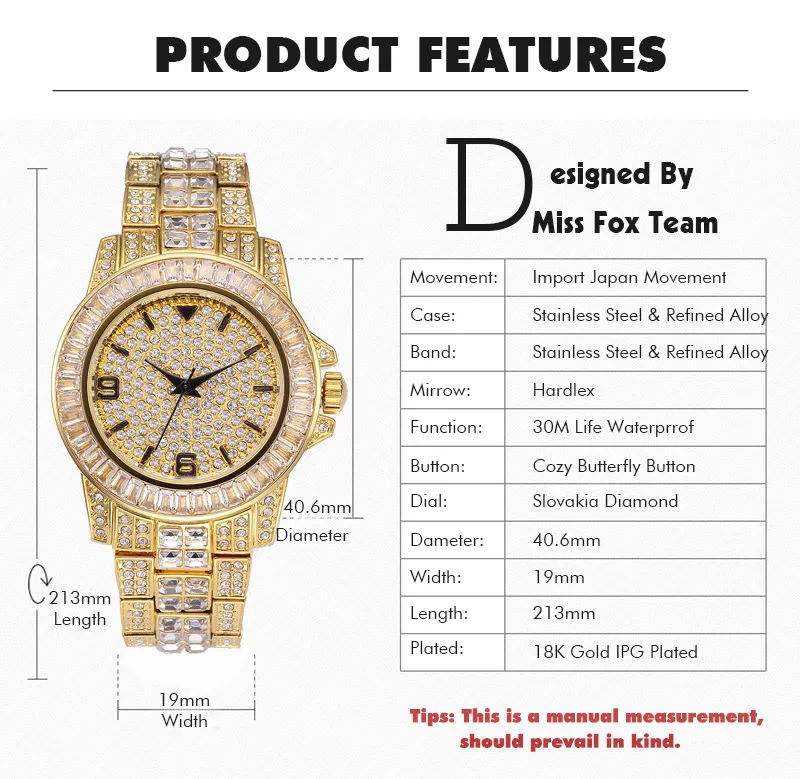 

MISSFOX European American fashion high-end diamond-encrusted men's watch stainless steel waterproof full diamond quartz watch