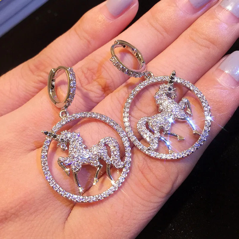 

I & FDLK Unique Design Women Luxury Silver Color Earrings Cute Unicorn Shine Zirconia Dangle Drop Earrings Wedding Party Jewelry
