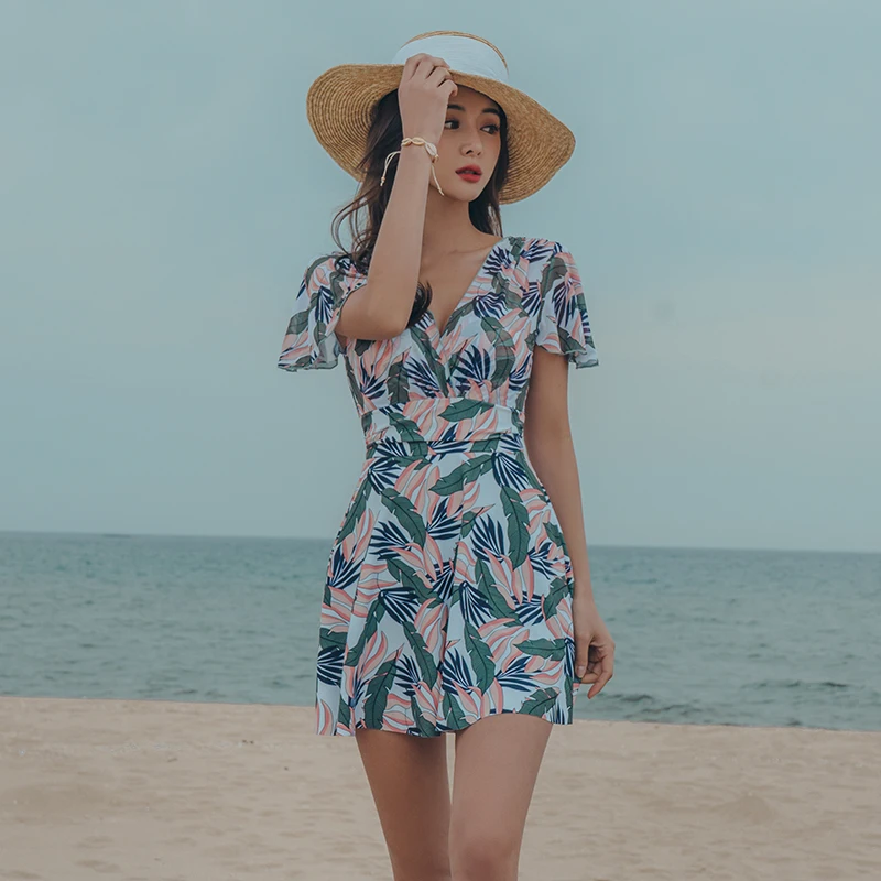 swimsuit women short sleeve with skirt one piece floral printed Monokini Push Up Swim Suit Korea Style Trikini Bathing | Спорт и