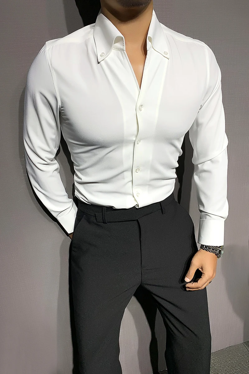 

Korean Long-sleeved Shirts Men Solid Color V-neck Casual Shirt Slim Business Formal Dress Men Clothing Social Party Streetwear