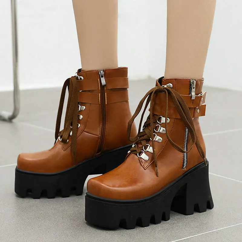 

Женские ботильоны на молнии, черные, коричневые, желтые полусапожки в стиле панк на толстом высоком каблуке и платформе, короткие ботинки с ...