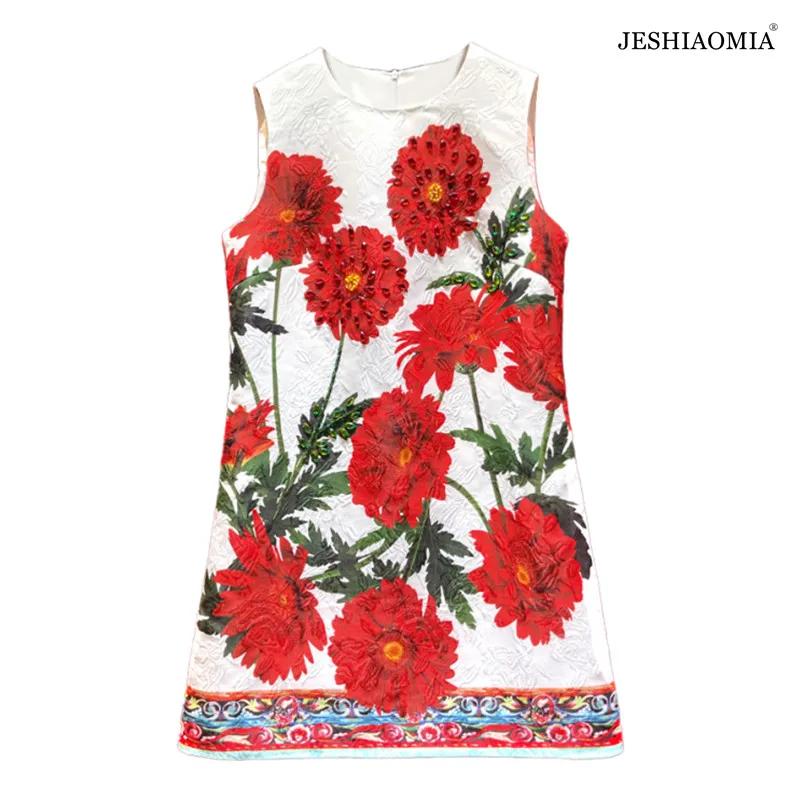 

JESHIAOMIA- 2021 Autumn Round Neck Flower Print Beaded Sleeveless Dress
