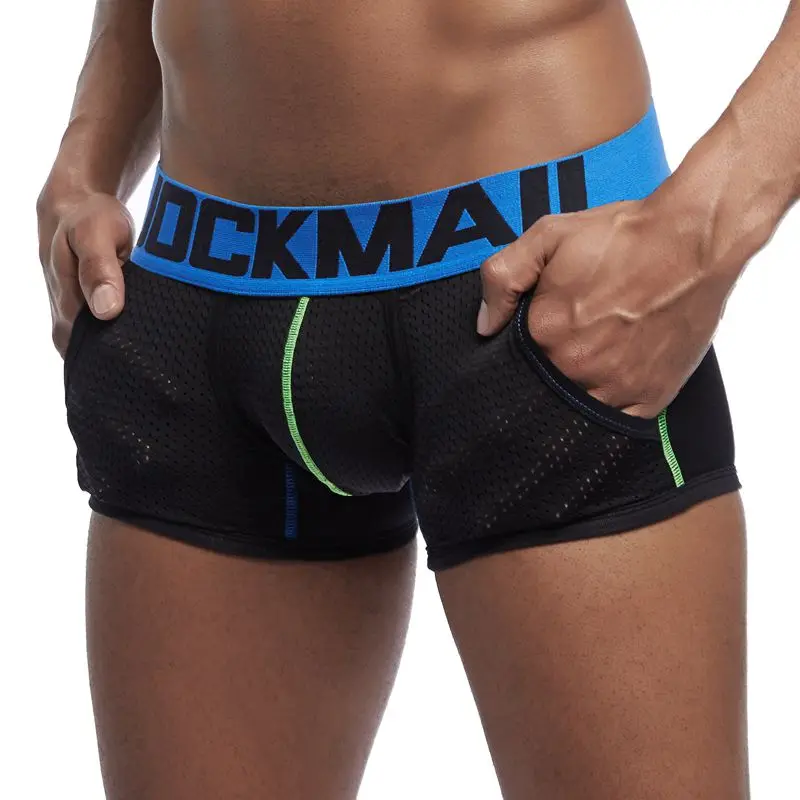 Jockсчmail, фирменное Мужское нижнее белье, боксеры, по бокам, сетчатые карманы, для геев, Cueca, боксеры, сексуальные, с полой сеткой, промежность, пенис, чашка, мужские трусы, шорты